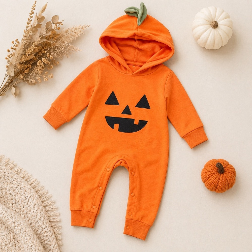 Cat & Jack Baby Pumpkin Hooded Romper Orange Halloween Costume Jack-O-Lantern 6M - Picture 2 of 5